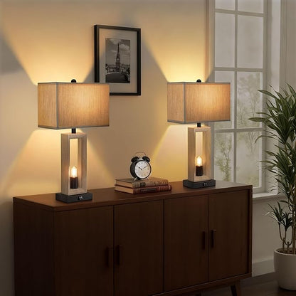 Farmhouse Wood Table Lamps for Living Room, 3 Color Temperature Adjustable & USB-A/C Charging Ports Nightstand Lamps, 4 LED Bulbs Included
