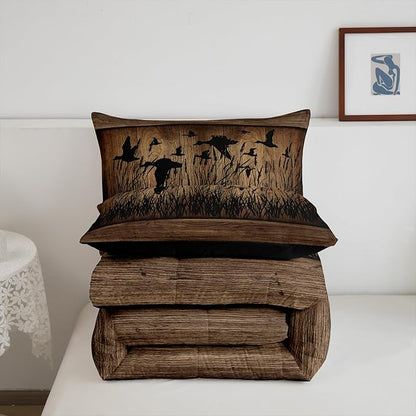 Erosebridal Camo Mallard Duck Comforter Set for Kids Boys Men Rustic Farmhouse Cabin Bedding Comforter Sets Twin,Hunting Woodland Duck Bedding Set Country Wood Board Animal Silhouette Bed Set
