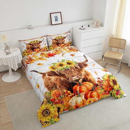 Highland Cattle 3 Pcs Queen Size Comforter Set,Sunflower Pumpkin Maple Leaf Down Alternative Adults Bedroom Decor,Autumn Theme Ultra Soft Microfiber Inner Fill 3Pcs Bedding