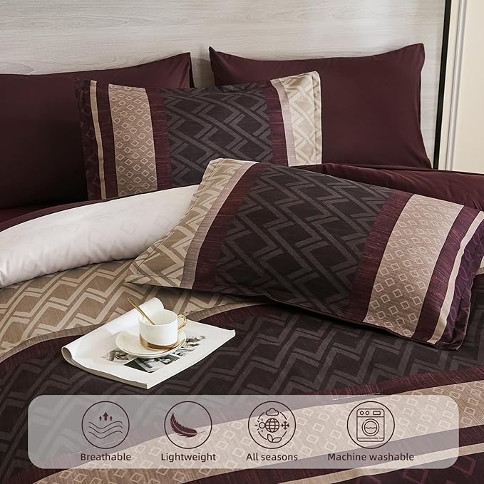 Cottolester Boho Comforter Set Queen Size,Red Brown Striped Bed in a Bag,Plaid Comforter and Sheet Set,Soft Microfiber Complete Bedding Sets