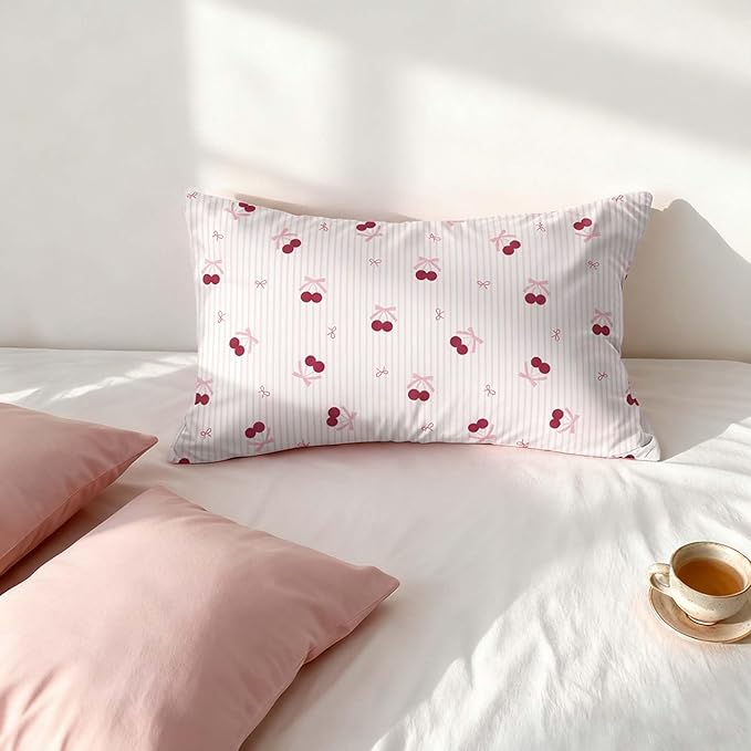 Nayoroom Pink Striped Bow Comforter Set Queen Size Red Cherry Comforter 3 Pieces Soft Lightweight Girls Cute Aesthetic Dorm Bedding Set for All Seasons