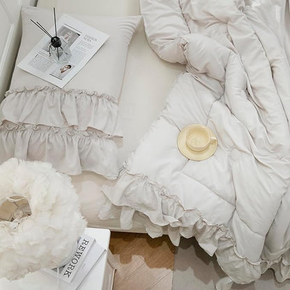 Beige Comfrter Set Queen Size Boho Bedding Comforter Shabby Chic 2 Layers Ruffles Home Decor Farmhouse Bedding Bohemian Bed Comforter