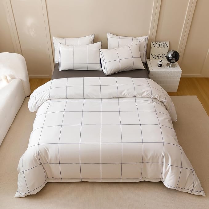 KAREVER White Grid Comforter Queen Women Navy Blue Square Lines Checkered Bedding Set Queen White Plaid Comforter Queen Size