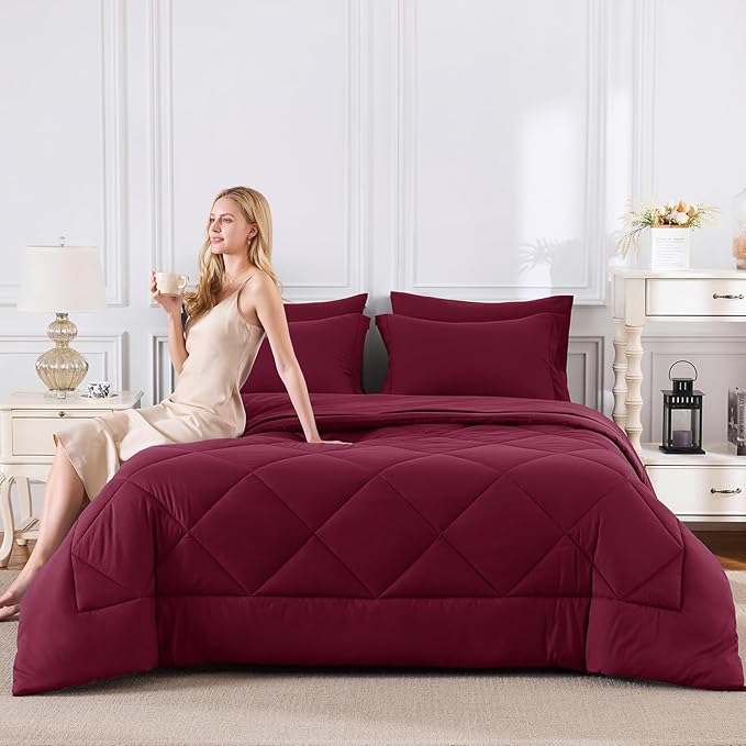 CozyLux King Size Comforter Set Burgundy - 7 Pieces Bed in a Bag King, Luxury Soft Bed Set for All Seasons, Bedding Set with Down Alternative Comforter, Sheets, Pillowcases & Shams
