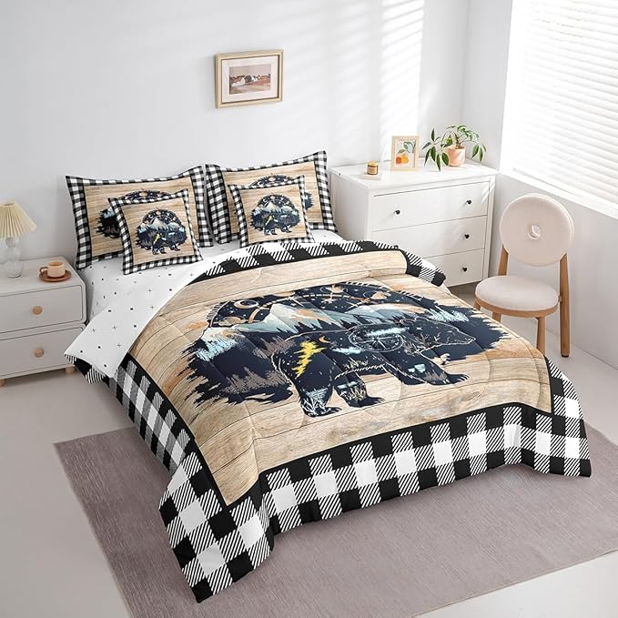 Erosebridal Full Size Hunting Bears Comforter Sets with Sheets 7Pcs Rustic Farmhouse Decor Comforter Set Bed-in-a-Bag(1 Comforter, 1 Flat Sheet 1 Fitted Sheet 2 Pillowcases and 2 Throw Pillow Covers)