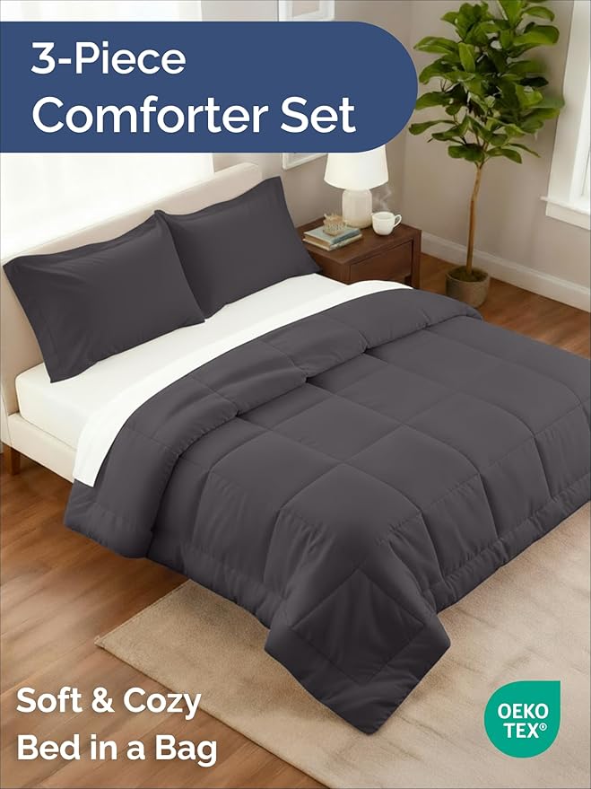King Comforter Set - 3 Piece Bed Set for All Seasons - 1 Soft Quilted Comforter w/ Corner Tabs & 2 Pillow Shams - Comfy, Cozy & Breathable - Premium Down Duvet Insert - Oeko-TEX - King Size, Dark Grey