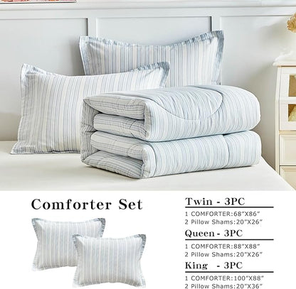 Joyreap 3pcs Cotton Comforter Set Twin, Light Blue Stripes Stylish Design, Soft Cozy Lightweight Bedding Comforter Set for All Seasons- 68x88 inches