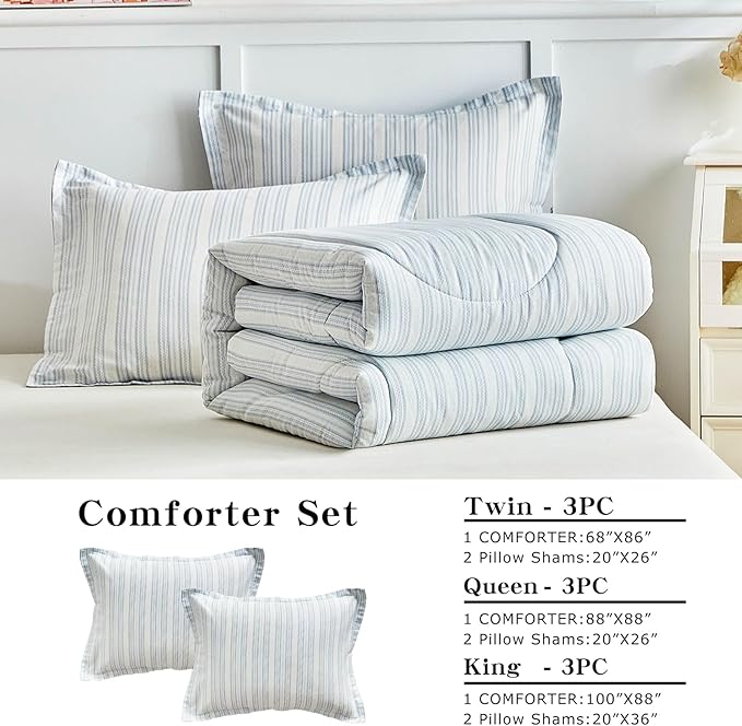 Joyreap 3pcs Cotton Comforter Set Queen, Light Blue Stripes Stylish Design, Soft Cozy Lightweight Bedding Comforter Set for All Seasons- 88x88 inches