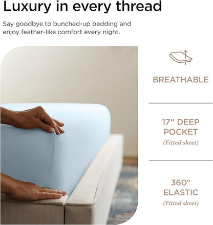 Threadmill Supima King Size Sheets, 1000 Thread Count, 4 Piece American Luxury Bed Sheets for King Mattress, 5 Star Hotel Quality Cotton Sheets with Elasticized Extra Deep Pocket, Light Blue