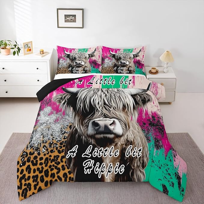 Erosebridal Highland Cow Bedding Set Leopard Print Down Comforter for Boys Teens,Hippie Bull Cattle Comforter Set Wildlife Farmhouse Cow Duvet Filler,Western Funny Animal Room Decor Queen Size