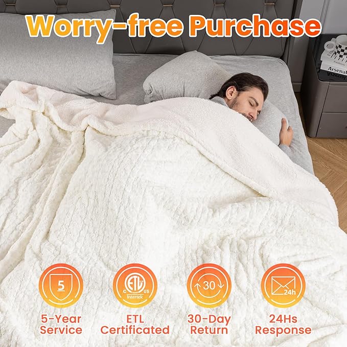 WOOMER Heated Blanket Full Size 77" x 84", Electric Blanket with a Control, 0.5-12 Hours Timer & 10 Heating Levels, ETL Certified, White Roses Patterns Faux Fur & Sherpa, Machine Washable