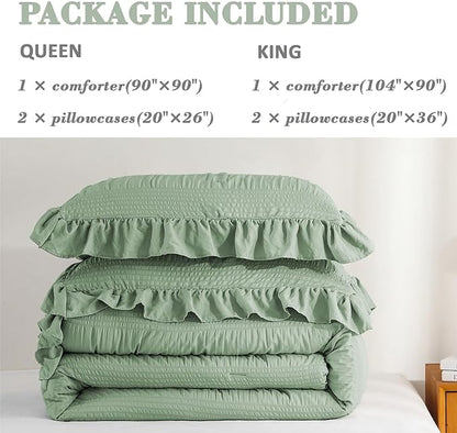Sage Green Seersucker Comforter Queen Size with Ruffled Edges, Ultra-Soft Sage Green Bedding Set Queen Size 3 Piece Set, Down Alternative Comforter Set(Queen/90 * 90)