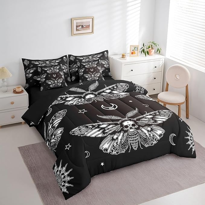 Feelyou Boho Moth Comforter Set King Size 7 Pcs Bohemian Moon Sun Comforter Bed in a Bag Goth Moth Skull Skeleton Bedding Set for Boys Girls Halloween Bed Set with Sheets, Pillowcases, Pillow Covers