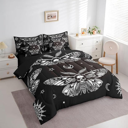 Feelyou Boho Moth Comforter Set King Size 7 Pcs Bohemian Moon Sun Comforter Bed in a Bag Goth Moth Skull Skeleton Bedding Set for Boys Girls Halloween Bed Set with Sheets, Pillowcases, Pillow Covers