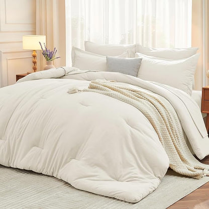 MUXHOMO 7 Pieces Queen Comforter Set, Soft Bed in a Bag Queen Size, All Season Bedding Set with Comforter, Flat Sheet, Fitted Sheet, Pillowcases & Shams, Ivory