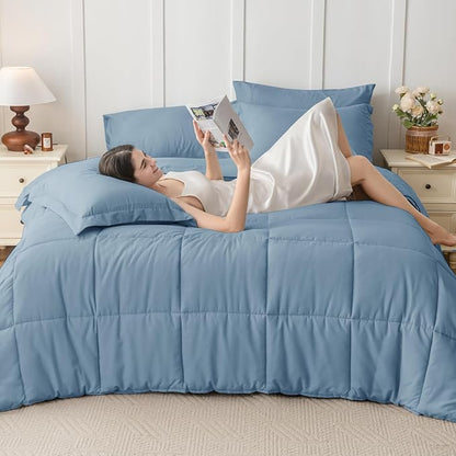 JOLLYVOGUE King Comforter Set, Ultra-Soft Bed in a Bag King Size 7 Pieces, Oeko-TEX Certified Bedding Set with Down Alternative Comforter, Sheets, Pillowcases & Shams, Dusty Blue