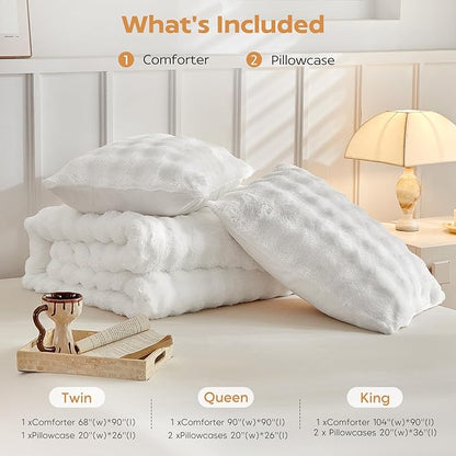Tokokimo Faux Fur Comforter Set King Size, Ultra Soft Reversible Heavyweight Fluffy Bedding, Extra Warm Winter Comforter with 2 Pillow Cases, All Season Fuzzy Comforter Set, White