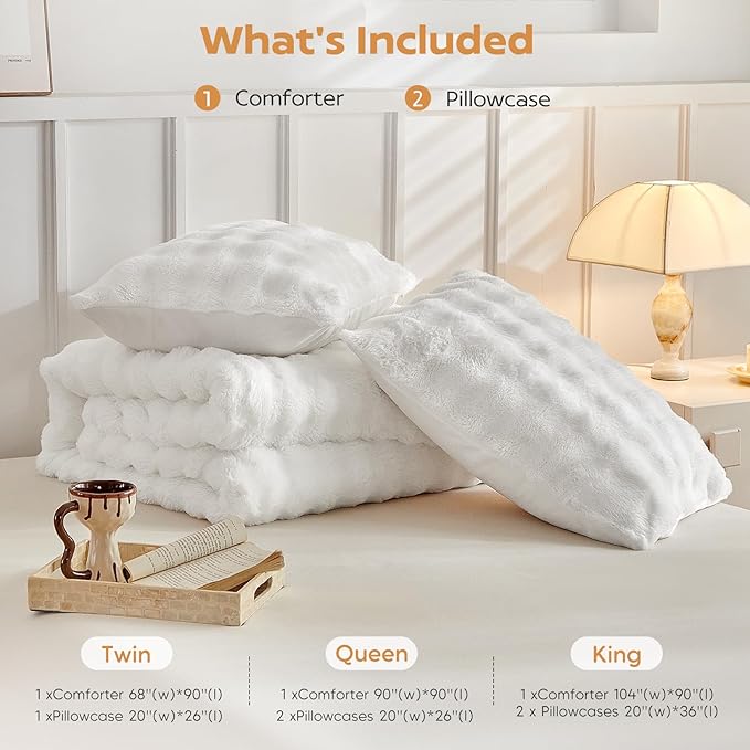 Tokokimo Faux Fur Comforter Set Queen Size, Ultra Soft Reversible Heavyweight Fluffy Bedding, Extra Warm Winter Comforter with 2 Pillow Cases, All Season Fuzzy Comforter Set, White