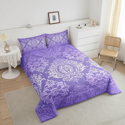 Feelyou Adults Purple Vintage Damask Floral Comforter Set Oriental Antique Comforter King Size Gothic Bohemia Boho Flower Bedding Set Bohemian Exotic Duvet Set Quilt Set 3Pcs