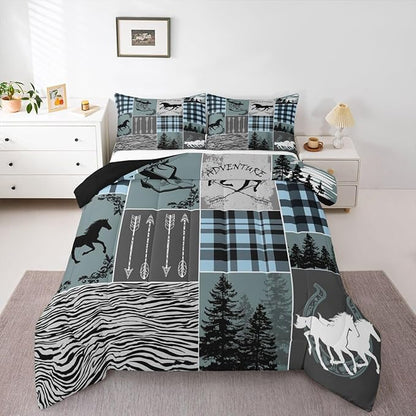 Erosebridal Western Cowboy Bedding Set Queen, Horse Arrow Comforter Set with 2 Pillow Cases, Riding Boots Horseshoe Quilt Rustic Farmhouse Patchwork Duvet Insert for Kids Boys Teens Bedroom Decor