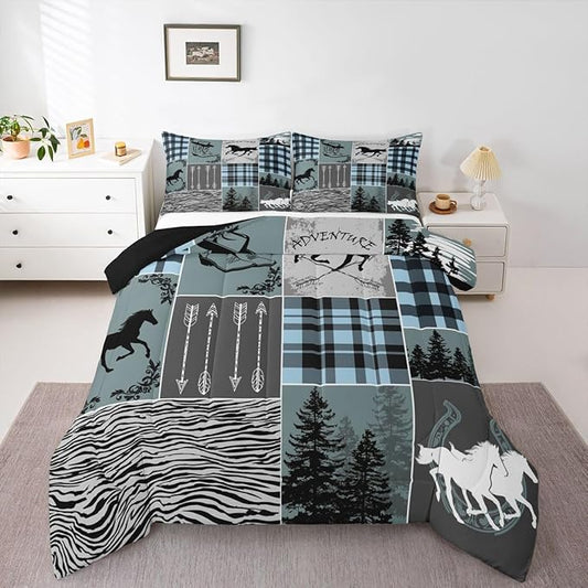 Erosebridal Western Cowboy Bedding Set Full, Horse Arrow Comforter Set with 2 Pillow Cases, Riding Boots Horseshoe Quilt Rustic Farmhouse Patchwork Duvet Insert for Kids Boys Teens Bedroom Decor
