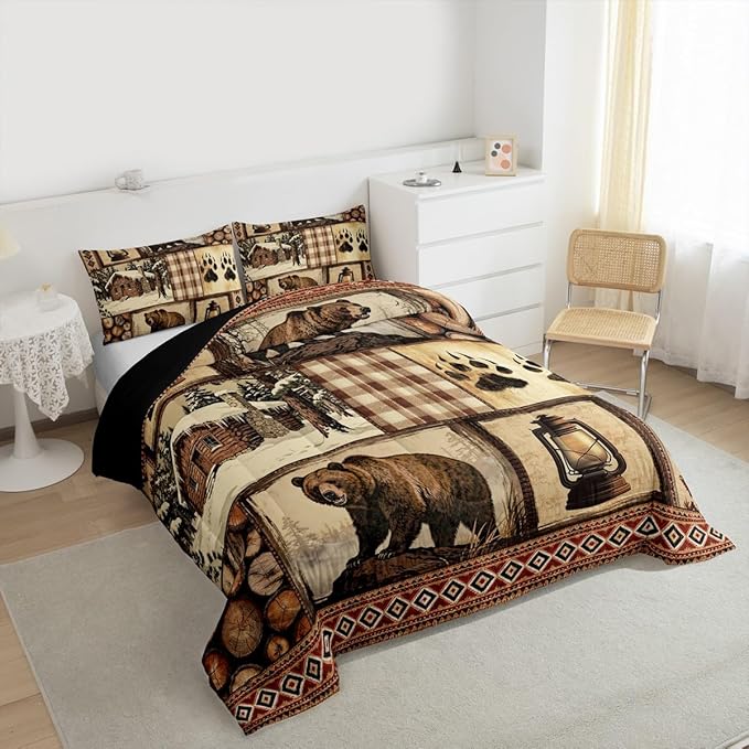 Feelyou Bear Comforter Set King Size Wildlife Hunting Bedding Set for Kids Boys Girls Rustic Cabin Duvet Quilt Farmhouse Bedroom Decor Microfiber 3 Pcs with 2 Pillow Cases