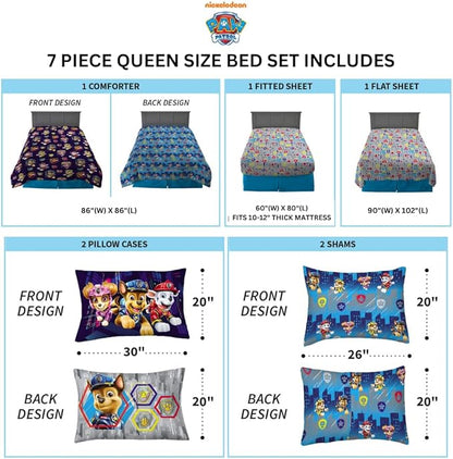 Franco Paw Patrol Kids Bedding Super Soft Comforter and Sheet Set with Sham, 7 Piece Queen Size, (Official Licensed Product)