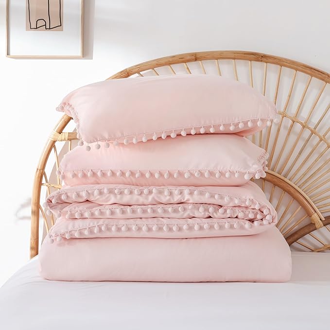 YIRDDEO Full Size Comforter Sets - Full Size Comforter with Ball Pom Fringe, Soft Bedding Set for All Seasons - 3 Pieces, 1 Comforter (79"x90") & 2 Pillow Shams(20"x26"), Blush