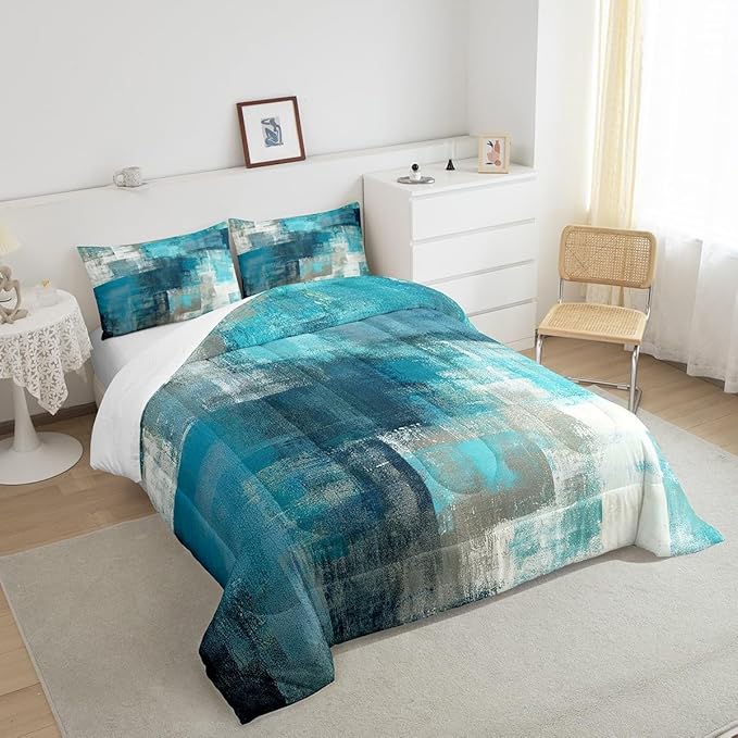 Erosebridal Turquoise and Grey Comforter Set Queen,Grunge Teal Ombre Duvet Insert for Adult Warm,Vintage Watercolor Artwork Bedding Set Bedroom Decor,Contemporary Quilt Comforter with 2 Pillowcases