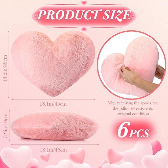 Suzile 6 Pcs Valentine‘s Day Plush Heart Shaped Pillow Fluffy Cute Heart Throw Pillows 18 x 14 Inch Decorative Back Cushions Decoration for Bed Sofa Dining Cars Women