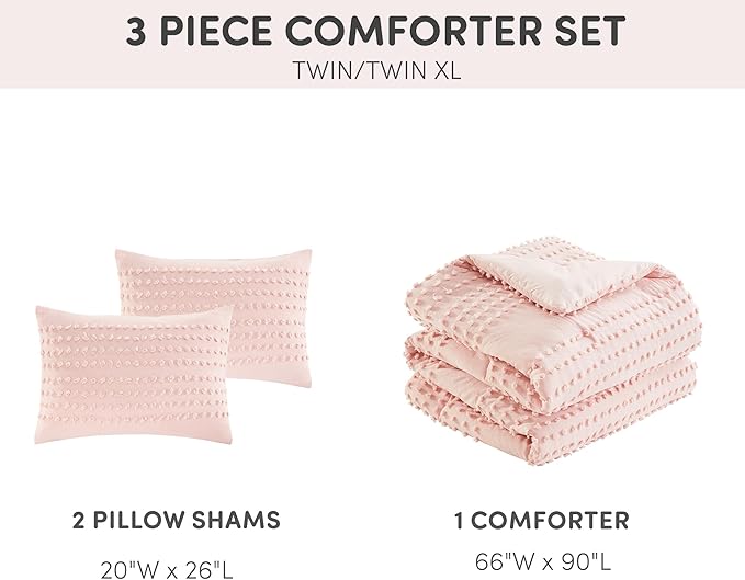 Comfort Spaces Cotton Comforter Set Jacquard Pom-Pom Tufts Design, Down Alternative, All Season Modern Bedding, Matching Shams, Twin/Twin XL, Phillips, Blush