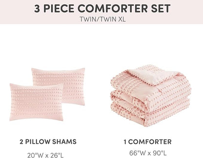 Comfort Spaces Cotton Comforter Set Jacquard Pom-Pom Tufts Design, Down Alternative, All Season Modern Bedding, Matching Shams, Twin/Twin XL, Phillips, Blush