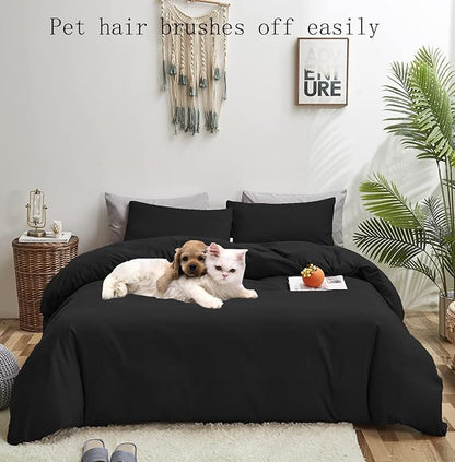 KAREVER Black Comforter Queen Fluffy Bedding Set Solid Dark Color Soft Durable Queen Blanket Women 3 Pieces Breathable Lightweight Black Comforter Set Queen Size