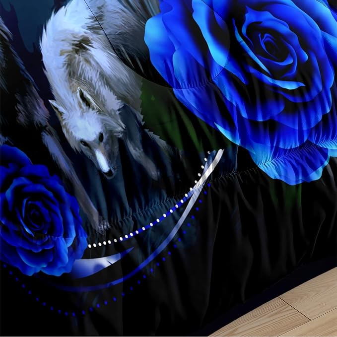 Wolf Rose Bedding King Comforter Set,Blue Animal Print Comforter for Adult Women Bedroom Decor,3 Pcs 2 Pillowcases/104 * 90