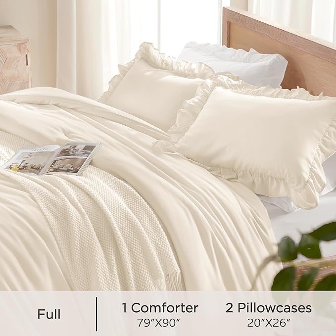 Andency Beige Comforter Set Full Size, 3 Pieces Solid Ruffle Vintage Rustic Soft Bedding Comforter Sets, All Season Lightweight Fluffy Soft Microfiber Bedding Set (79x90 Comforter & 2 Pillowcases)