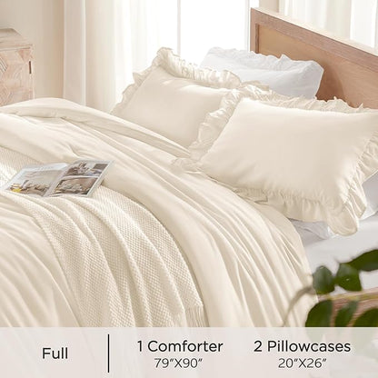 Andency Beige Comforter Set Full Size, 3 Pieces Solid Ruffle Vintage Rustic Soft Bedding Comforter Sets, All Season Lightweight Fluffy Soft Microfiber Bedding Set (79x90 Comforter & 2 Pillowcases)