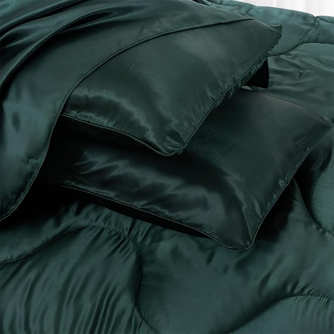 A Nice Night Satin Silky Soft Quilt Sexy Luxury Super Soft Microfiber Bedding Comforter Set Full/Queen, Light Weighted (Blackish Green, Queen)