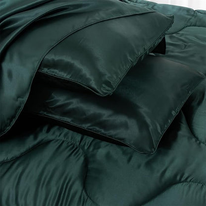 A Nice Night Satin Silky Soft Quilt Sexy Luxury Super Soft Microfiber Bedding Comforter Set Full/Queen, Light Weighted (Blackish Green, King)