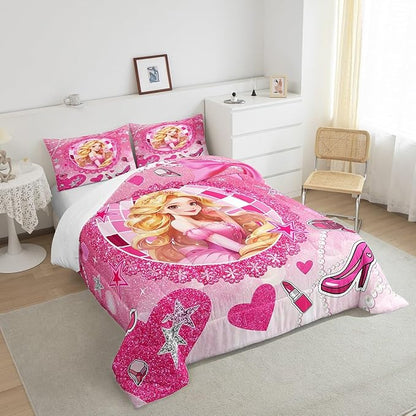 Castle Princess Kids Comforter Set Queen Size,High-heeled Shoes Lip Bowknot Fashion Bedding Set,Girls Women Room Decor,Glitter Stars Sequins Down Comforter,Pink Romantic Duvet Insert,2 Pillowcases