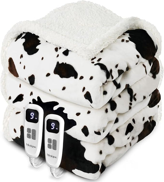 Cow Print Electric Heated Blanket Queen-Dual Control Heating Blanket Queen Size with 10 Heat Levels & 10 Hours Auto-Off, Cozy Soft Fleece Sherpa, Washable, 84x90 Inches Cow Print White