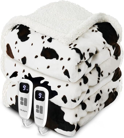 Cow Print Heated Electric Blanket King Size-Dual Control Heating Blanket King Size with 10 Heat Levels & 10 Hours Auto-Off, Cozy Soft Fleece Sherpa, Washable, 90x100 Inches Cow Print White