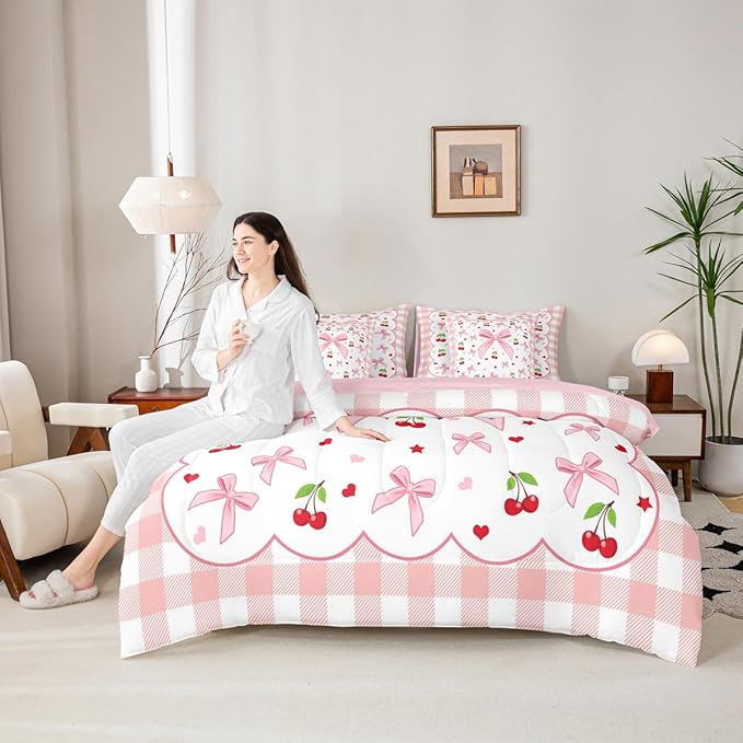 Erosebridal Bow Cherry Plaid Pink Girls Kids King 7-Piece Comforter Set | Bowknot Fruits Kawaii Cute Sheets and Pillowcases Checkered White Princess Red Bed in A Bag Teens Women Bed Sets