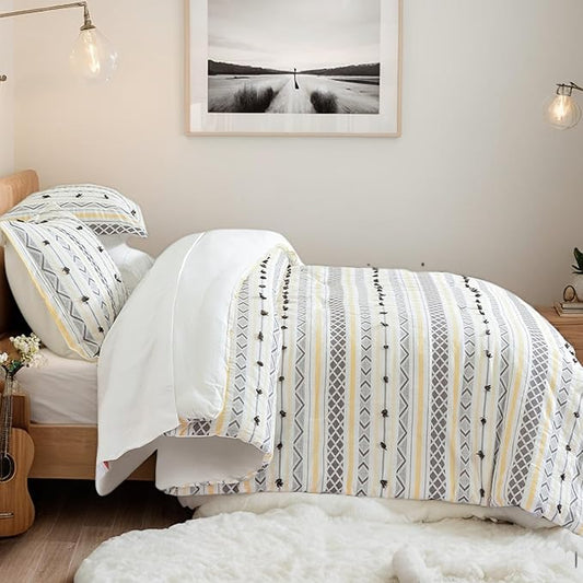 SLEEPBELLA Washed Double Layer Muslin 100% Cotton Comforter Set Queen Size, Yellow Grey Boho Fluffy Thick Checked Bedding Set, Soft Breathable(1 Comforter, 2 Pillow Shams)