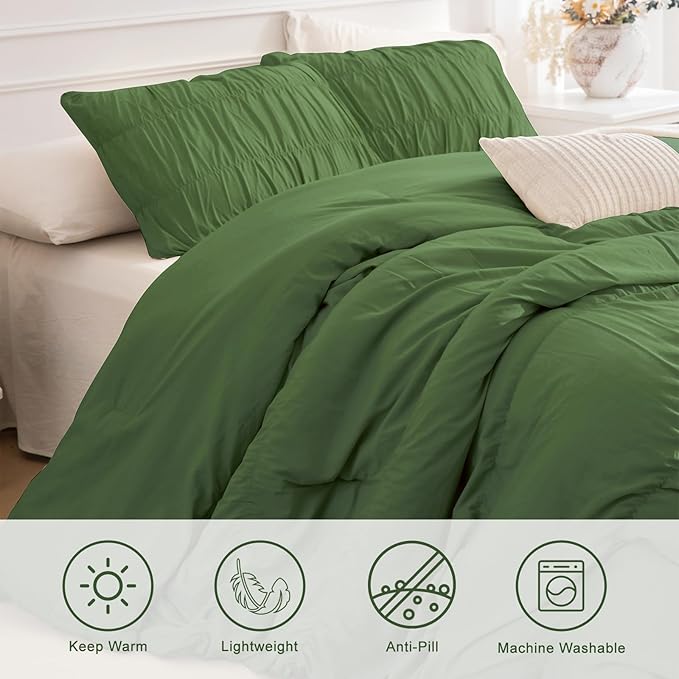 Masaca Oversized King Comforter 128"x120",Olive Green Ruched Shabby Boho Chic Bedding Comforter Set,3 Pieces Soft Lightweight Dark Green Ruffle Farmhouse Bedding Set Extra Large