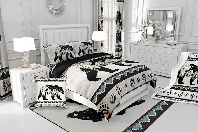 Feelyou Bear Print Bedding Set Boho Southwestern Comforter Set for Kids Boys Girls Wild Animal Hunt Comforter Rustic Farmhouse Quilt Set Room 3Pcs Full Size