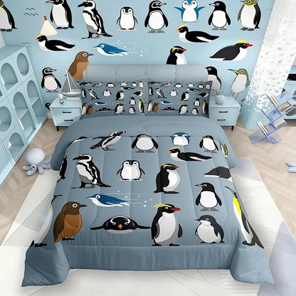 Erosebridal Penguins Bedding Set for Boys Young,Antarctica Animals Wildlife Comforter Set for Kids Man,Cartoon Little Penguins Quilted Duvet,Cute Wild Safari Theme Bedroom Decor Full Size