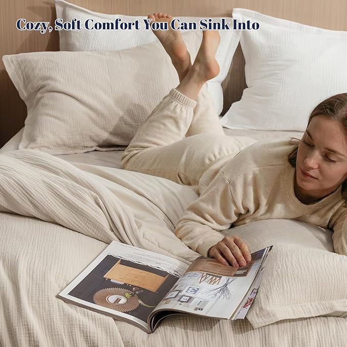 PHF Cotton Muslin Comforter Set Queen – 100% Cotton Cover, Ultra Soft & Breathable, 3PCS Lightweight All-Season Bedding with Polyester Fill, 1 Comforter 90"x90" & 2 Pillow Shams 20"x26", Natural