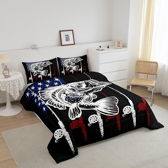 Big Pike Fish Bedding Set Bass Fish American Flag Comforter Set Hunting and Fishing Pattern Duvet Insert for Kids Boys Girls Teens Farmhouse Pike Fishing Quilt Red Blue Stripe Comforter King Size