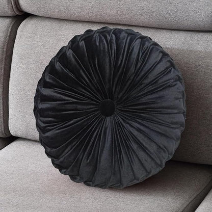Round Throw Pillow Velvet 1 Pcs 14.17" Home Decoration Pleated 3D Pumpkin Pillow Cushion for Couch Chair Bed Car (Black)