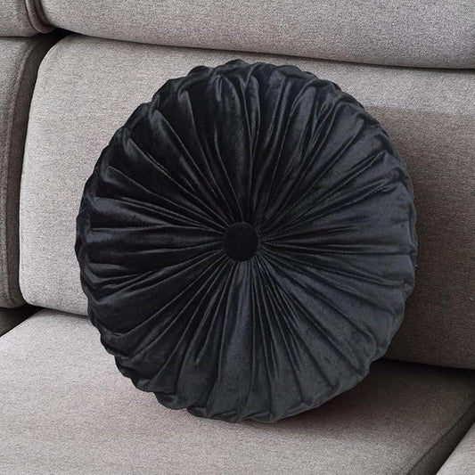 Round Throw Pillow Velvet 1 Pcs 14.17" Home Decoration Pleated 3D Pumpkin Pillow Cushion for Couch Chair Bed Car (Black)